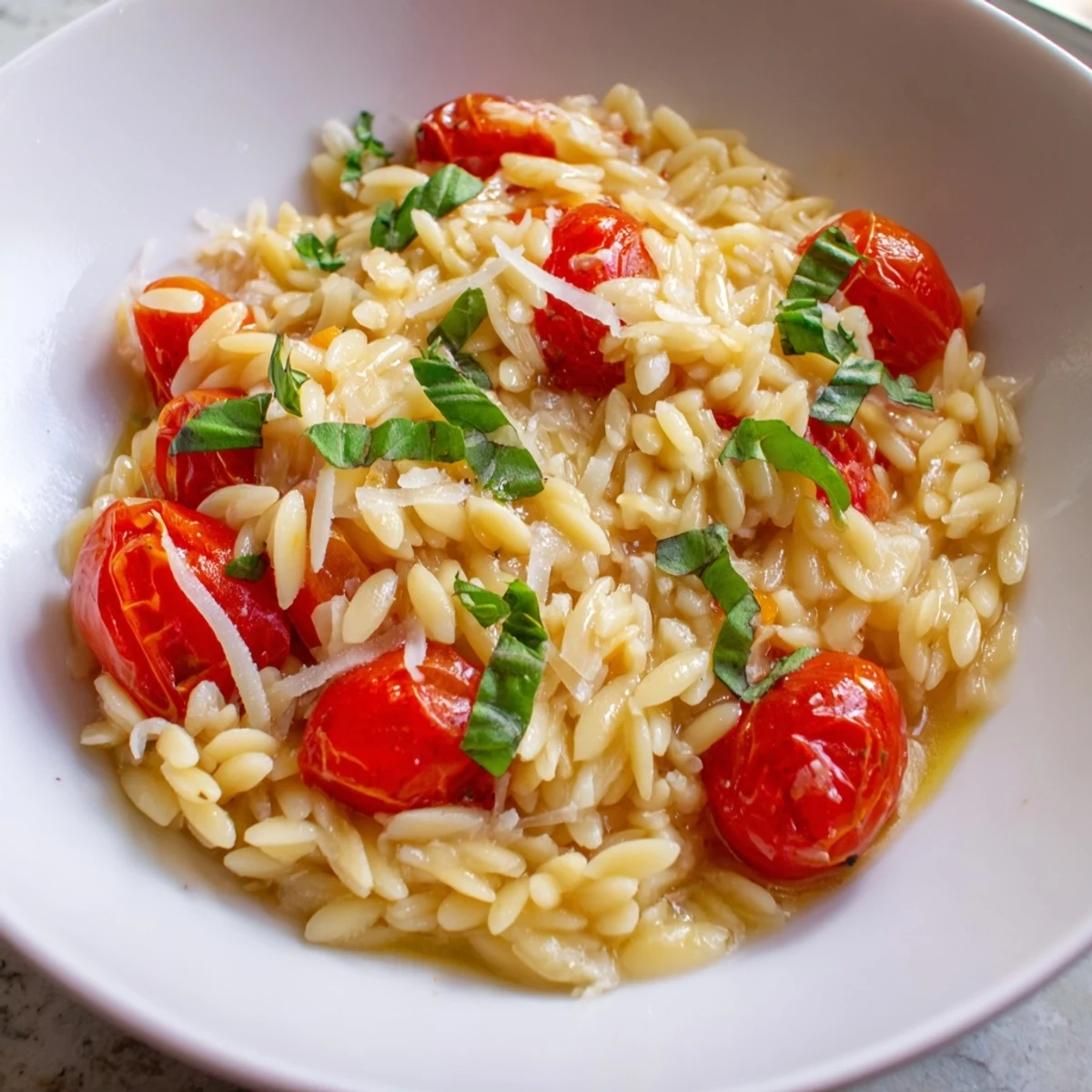 Warm bowl of Orzo Tomato Parmesan, the pasta mingled with juicy, cooked cherry tomatoes.