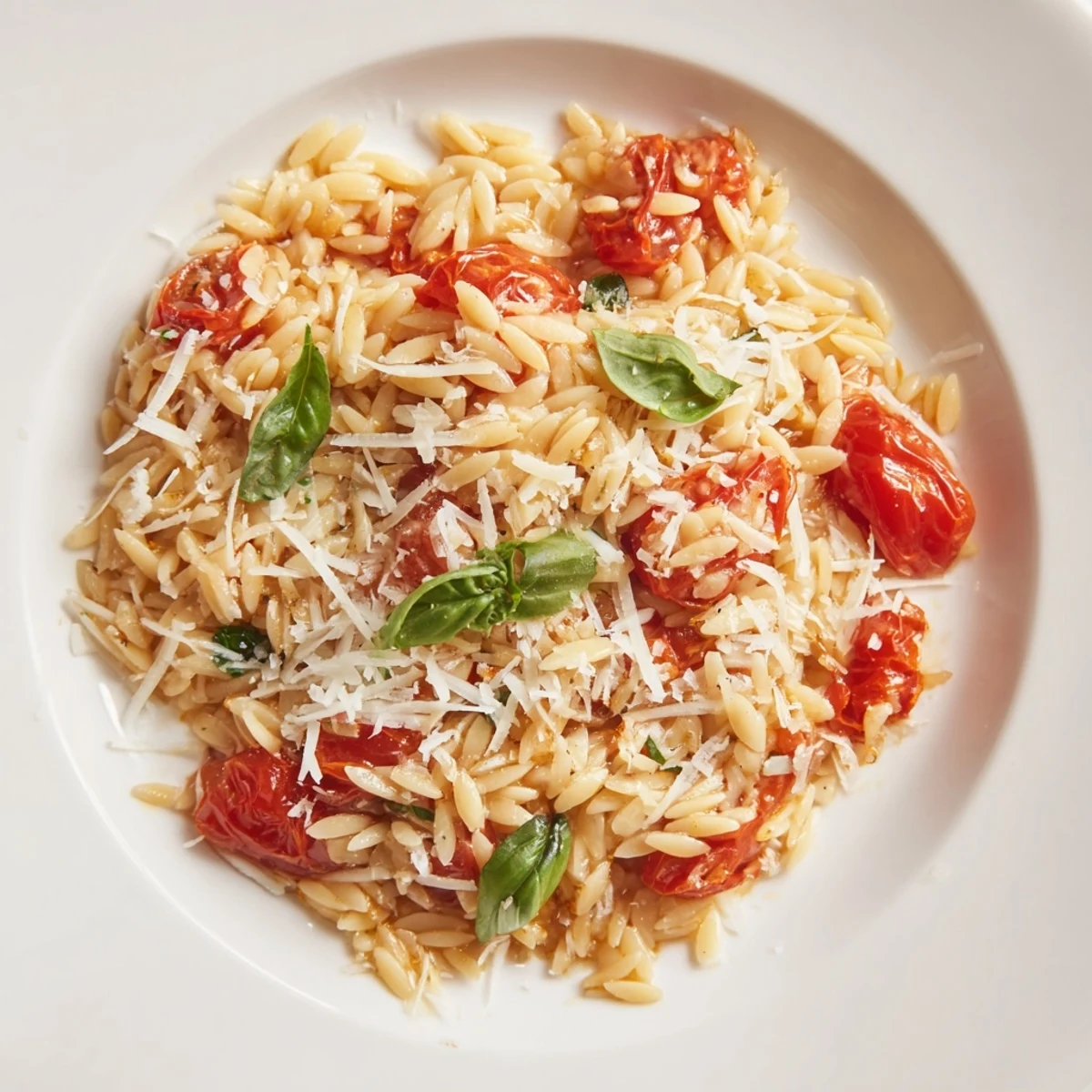 Close-up shot showing the vibrant colors of homemade Orzo Tomato Parmesan ready to serve.