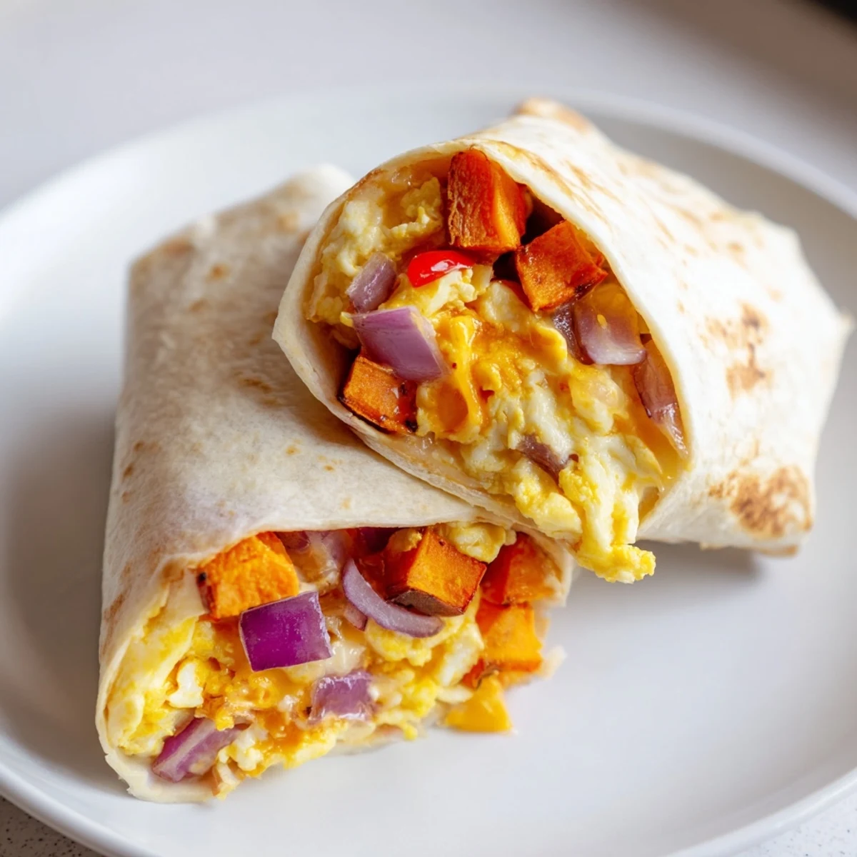 Golden melted cheese spills over a hot Sweet Potato Breakfast Burrito, ready to eat.