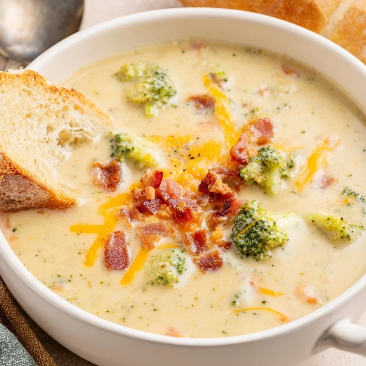 A comforting bowl of Broccoli Cheddar Soup, garnished with crispy bacon and extra cheese.