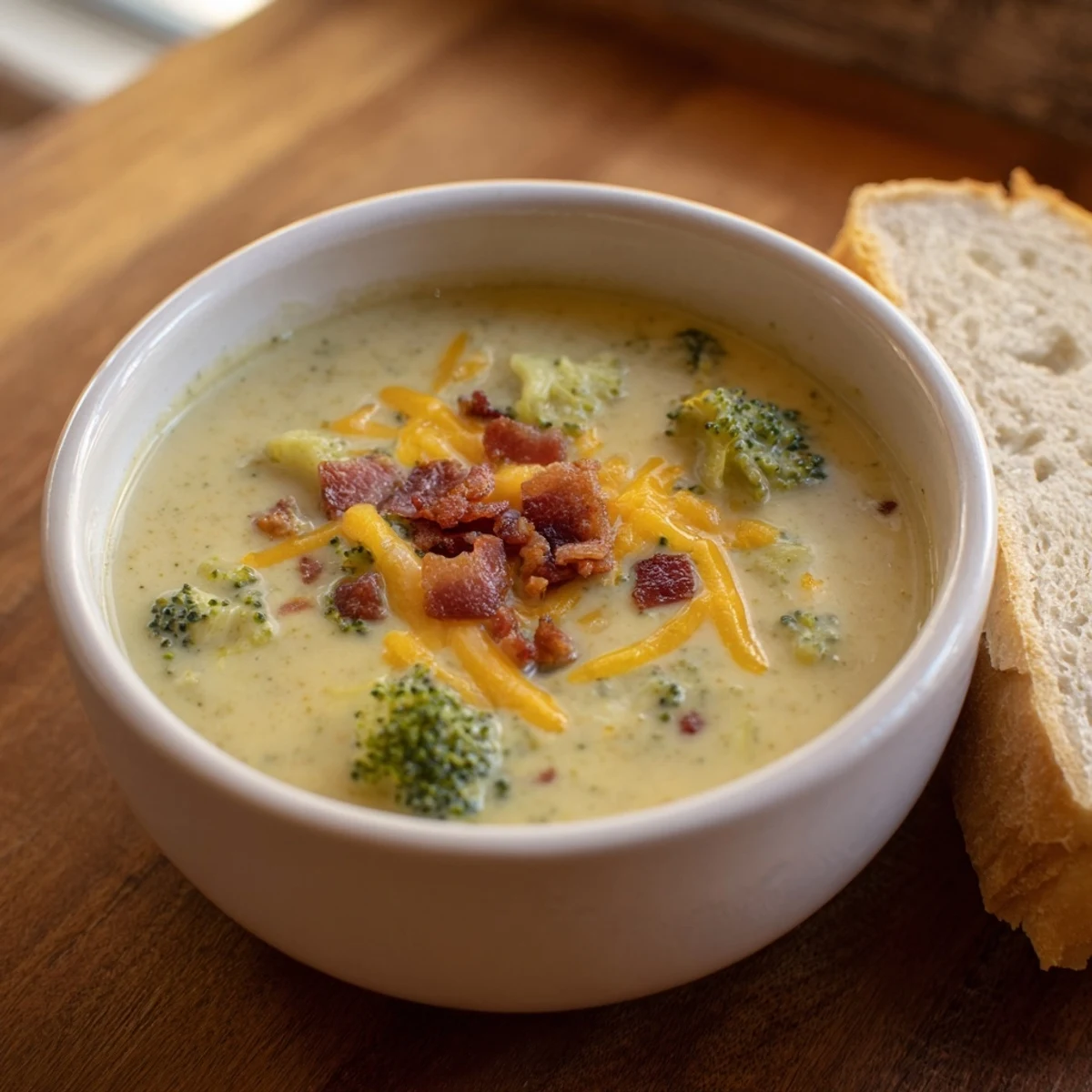 Creamy Broccoli Cheddar Soup served with golden buttered bread, perfect for a chilly evening.