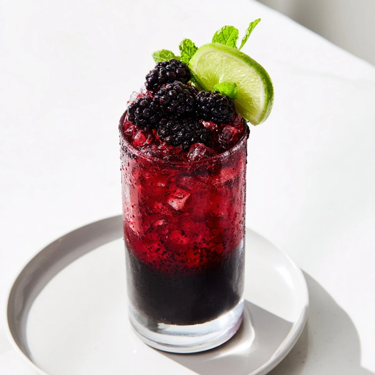 The beautiful Dark Matter Mocktail showing layered blackberry syrup and charcoal creates an impressive, flavorful drink, so good.