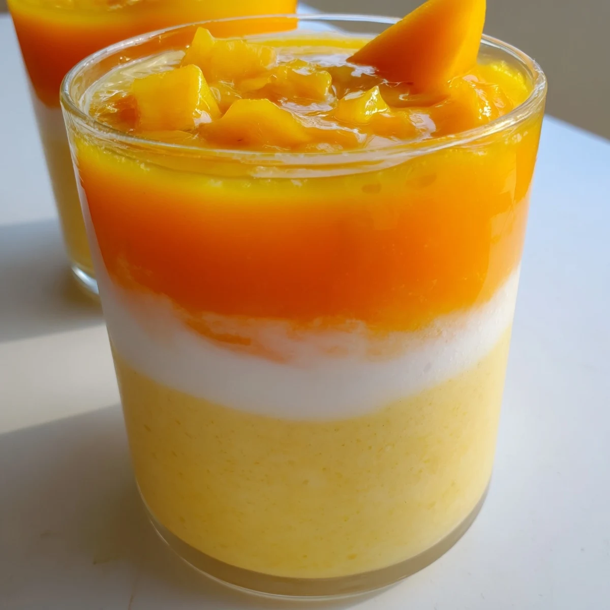 Vibrant, layered Tropical Sunset Smoothie with tropical fruits & creamy yogurt, ready for a refreshing sip.