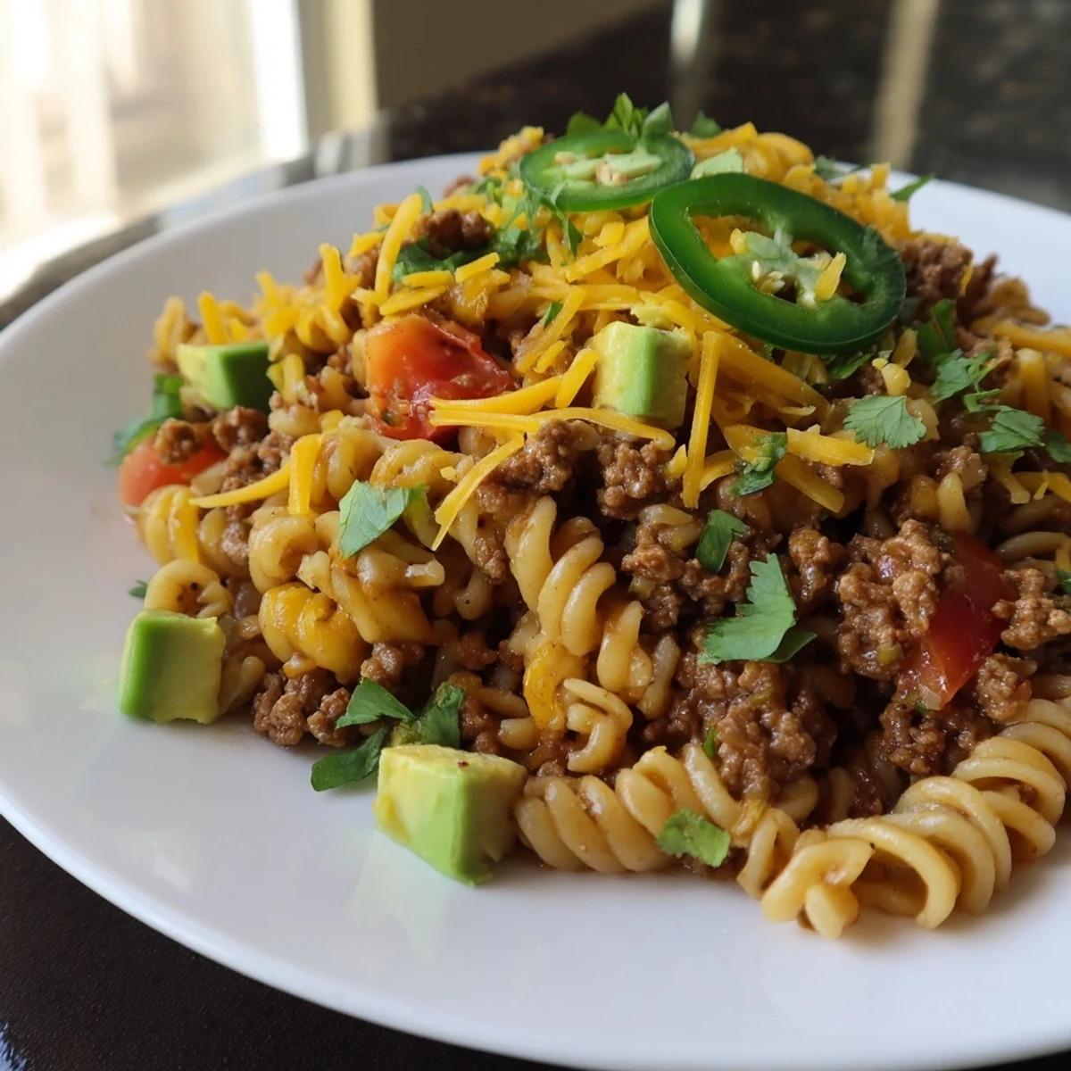Melted cheese blankets the warm Beef Taco Pasta Skillet, ready for a satisfying Tex-Mex dinner.