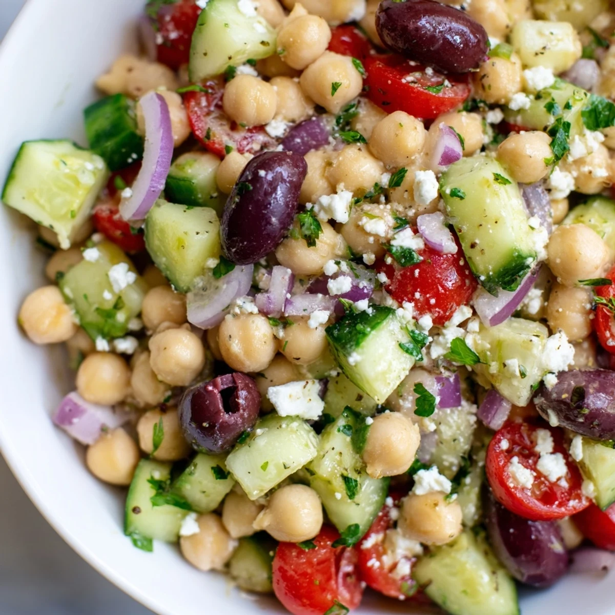 Mediterranean chickpea salad, colorful with tomatoes, olives, and feta, ready to be tossed with lemon dressing.