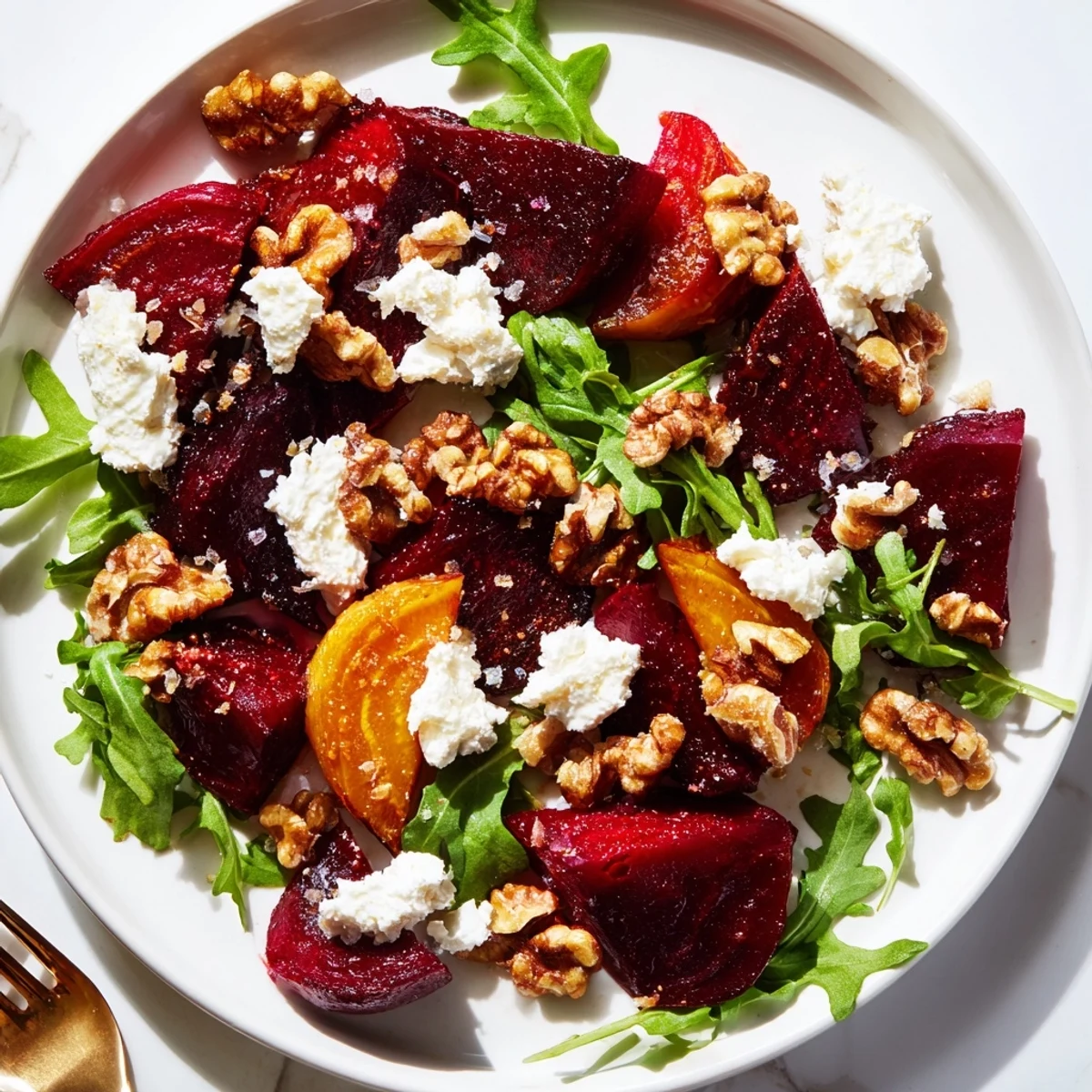 Vibrant Roasted Beet Walnut Salad, featuring tender beets, crunchy walnuts, and creamy goat cheese.