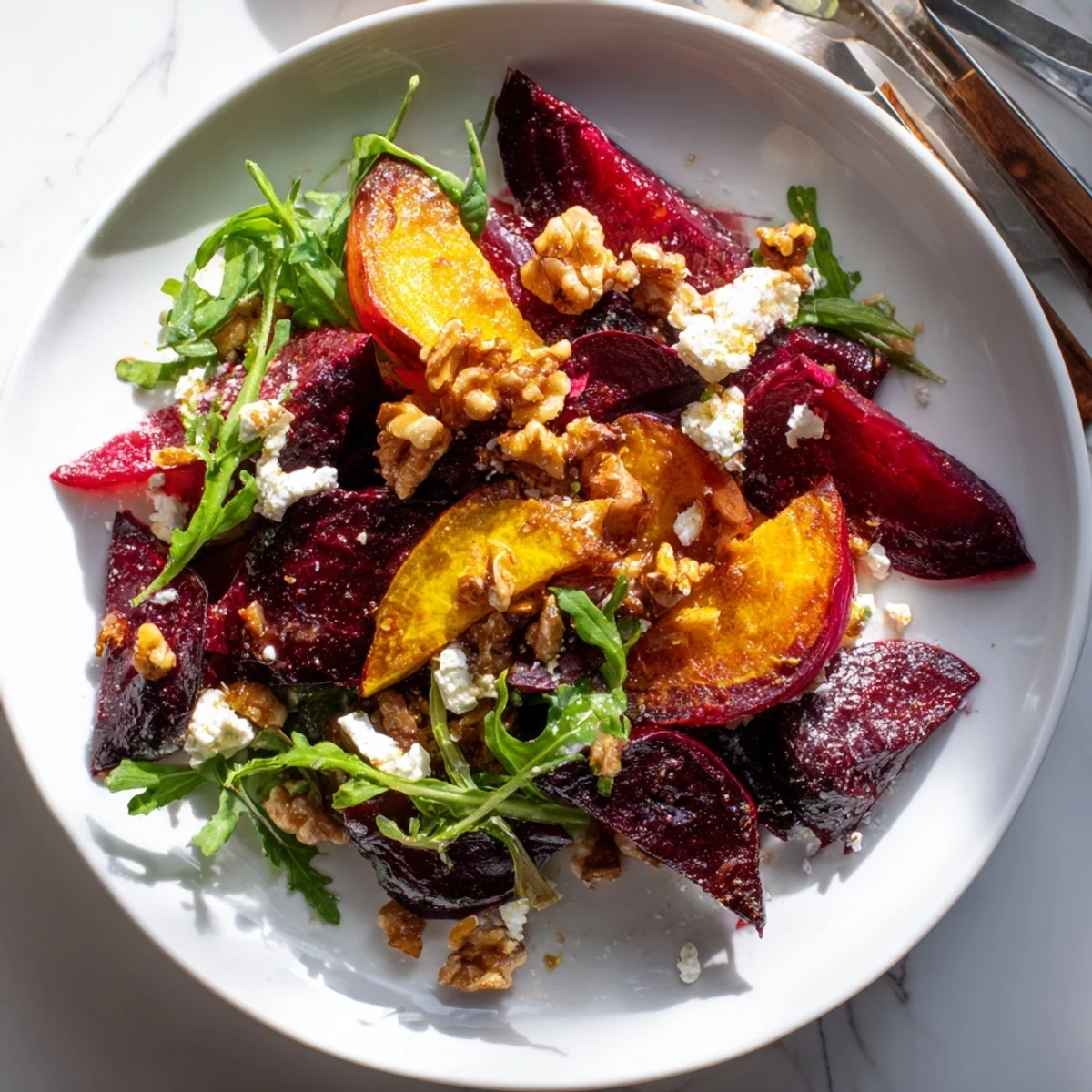 Bright, colorful Roasted Beet Walnut Salad drizzled with balsamic vinaigrette, a perfect lunch.