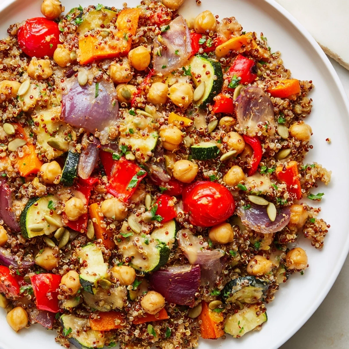 Vibrant Quinoa Power Protein Salad with roasted vegetables and creamy tahini dressing, delicious!