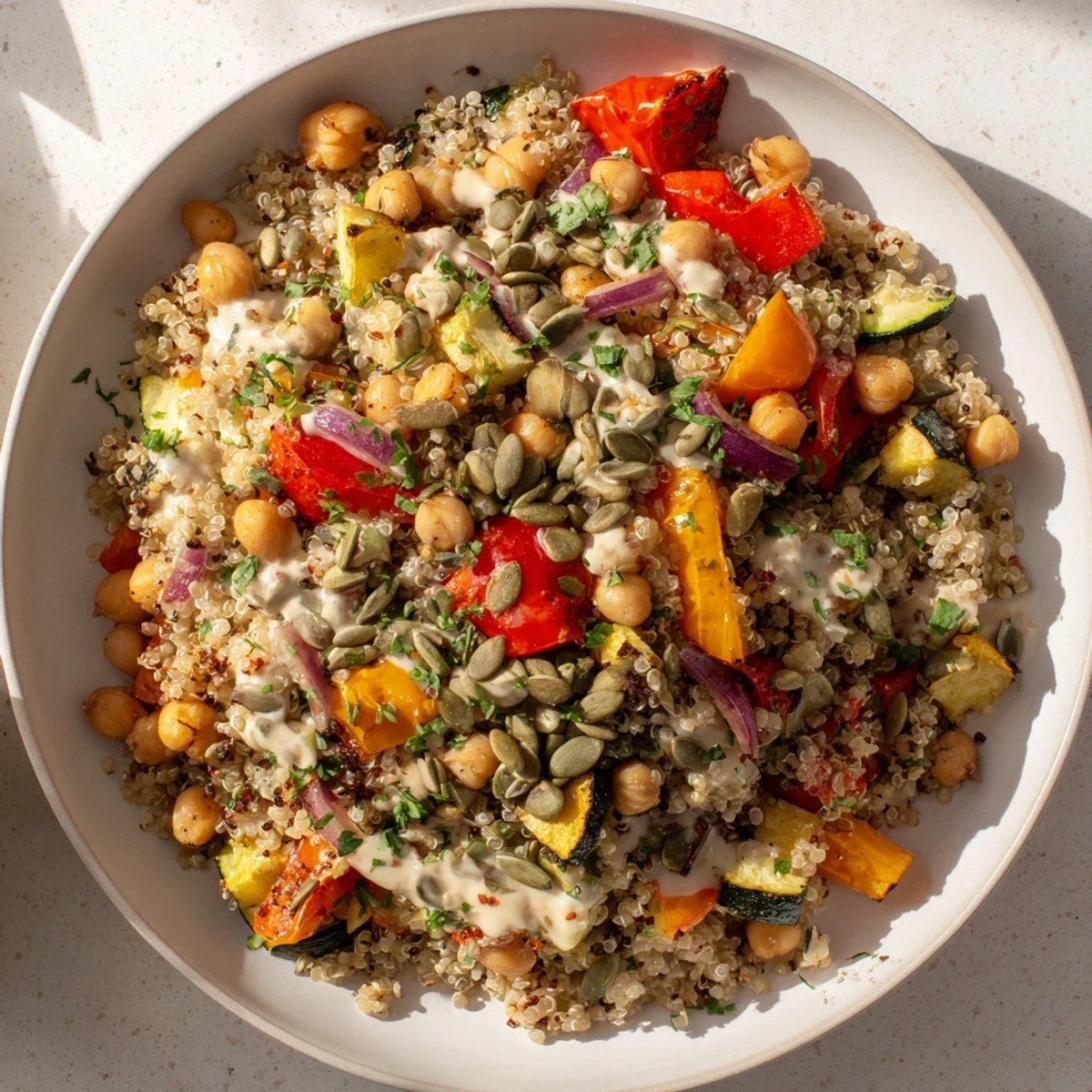 Hearty Quinoa Power Protein Salad featuring chickpeas and roasted vegetables, ready to eat as a meal.