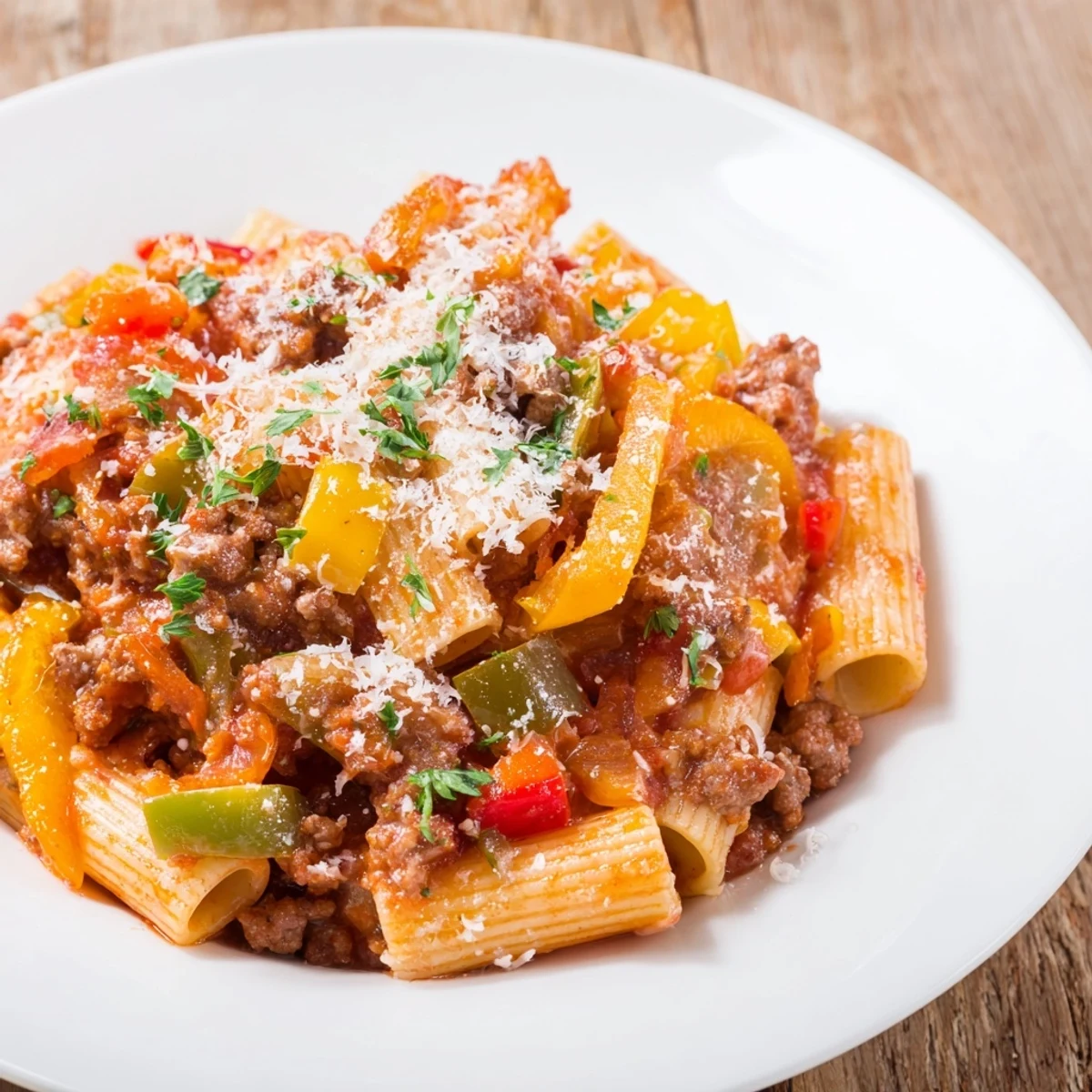 A steaming bowl of Sausage and Peppers Pasta with a sprinkle of fresh parsley looks delicious and inviting.