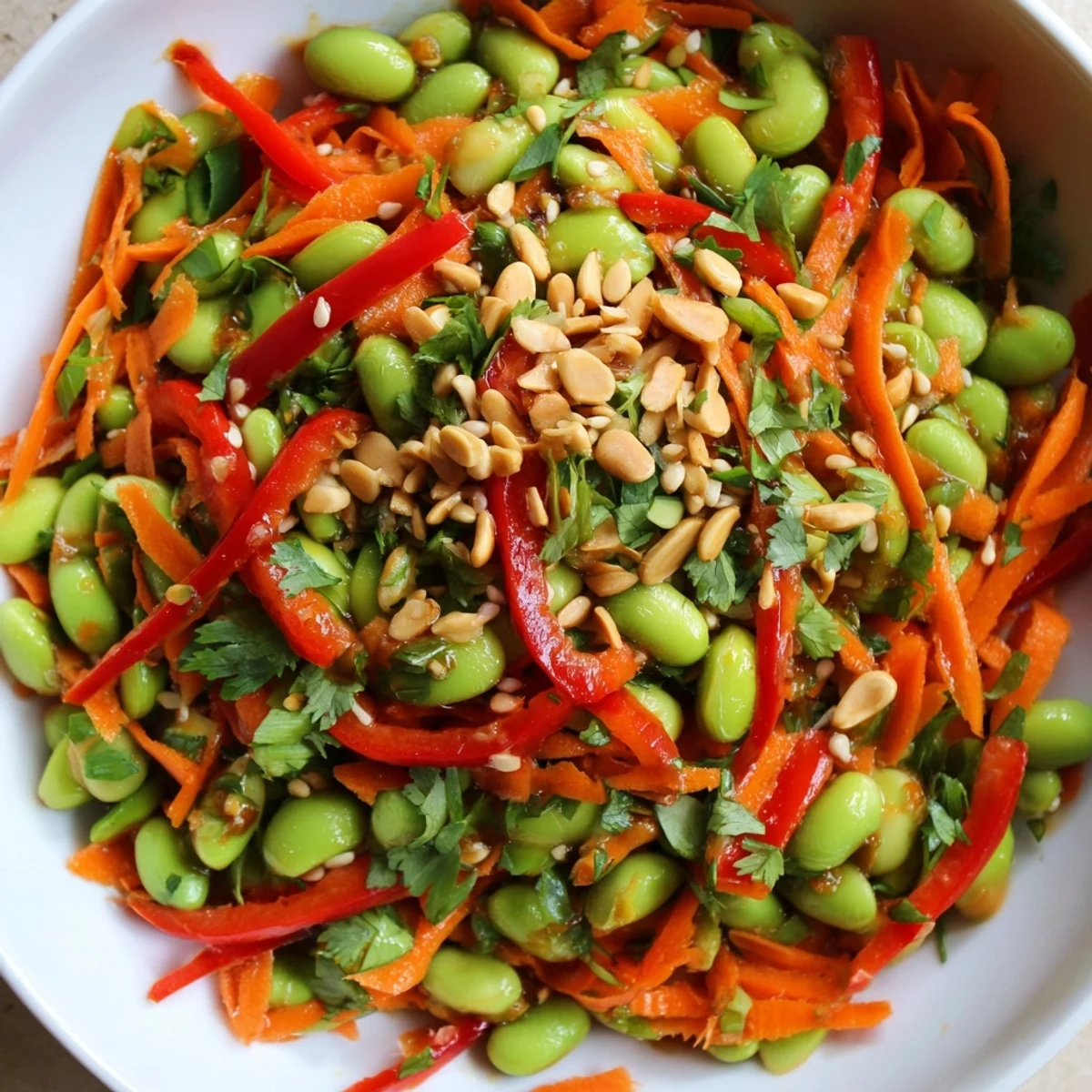 A close-up of Asian Edamame Salad, garnished with sesame seeds, ready to be enjoyed.