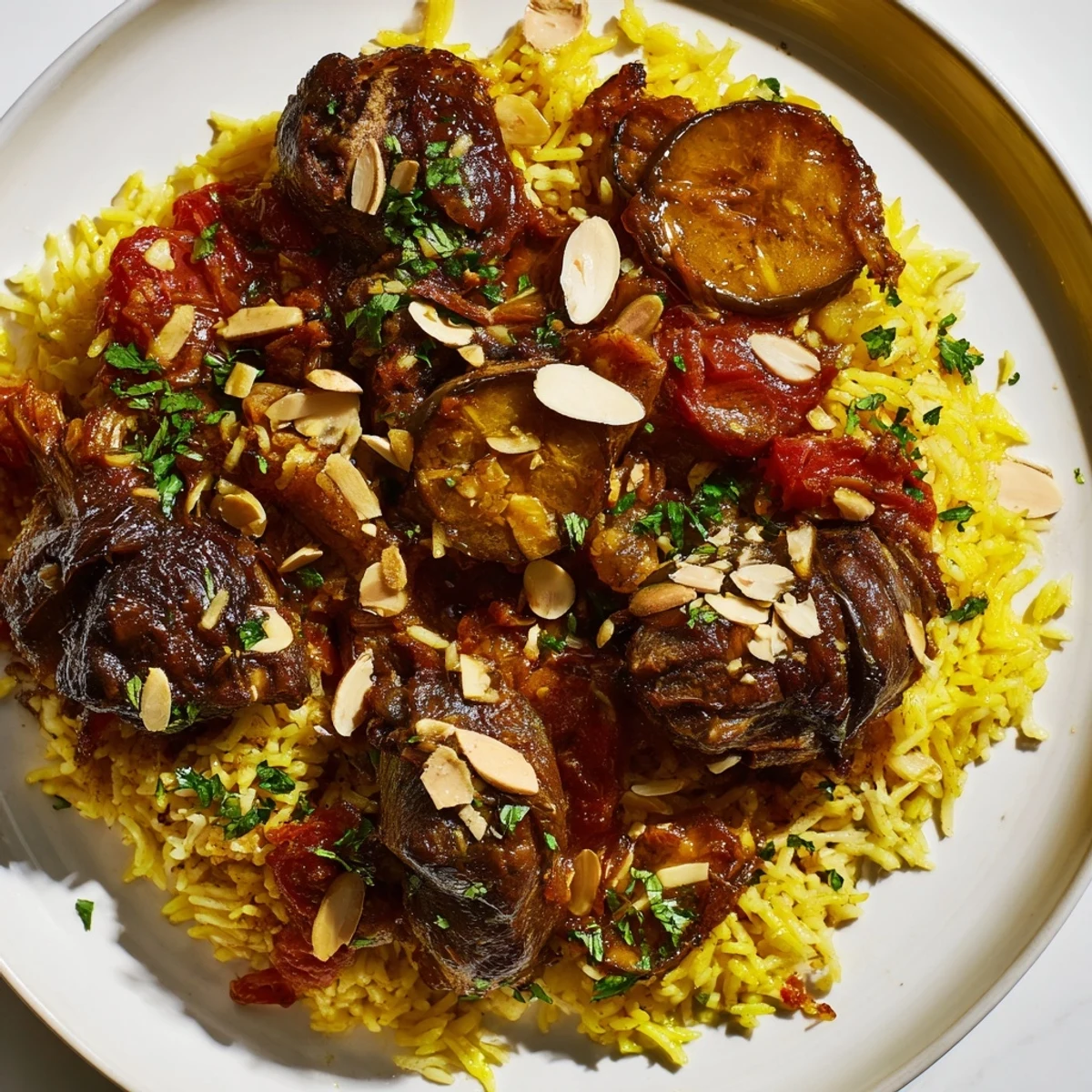 Golden-brown roasted vegetables and tender lamb highlight this flavorful Maqluba recipe.
