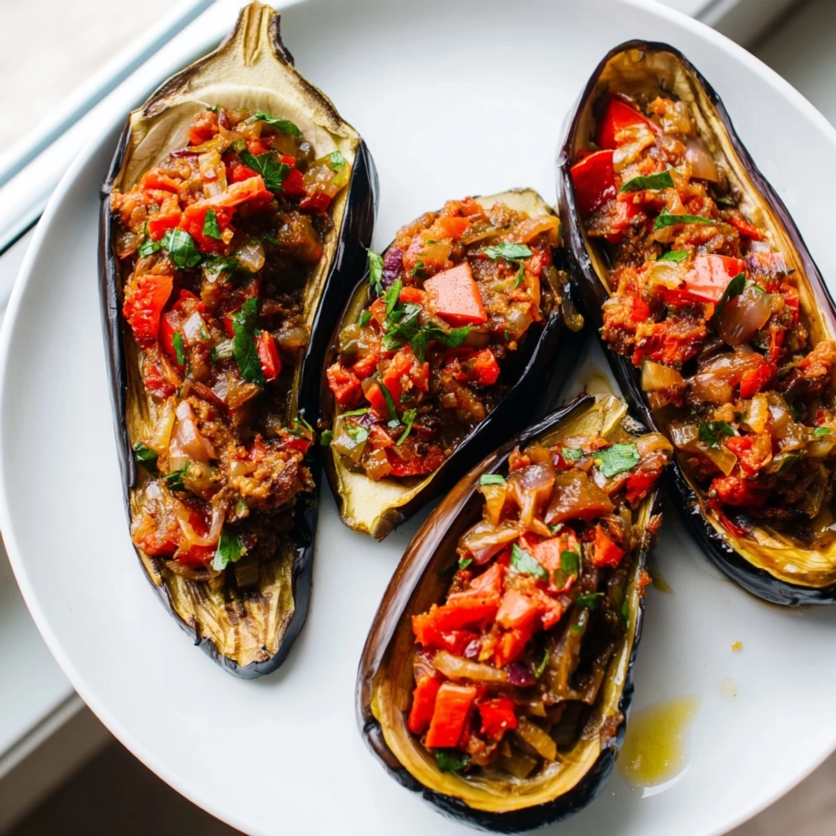 Golden brown Imam Bayildi, featuring tender eggplant stuffed with a savory tomato filling, ready to serve.