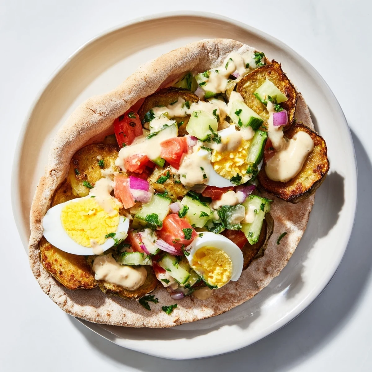 A warm pita pocket overflowing with vibrant Israeli Sabich, Israeli salad, and drizzled sauce.