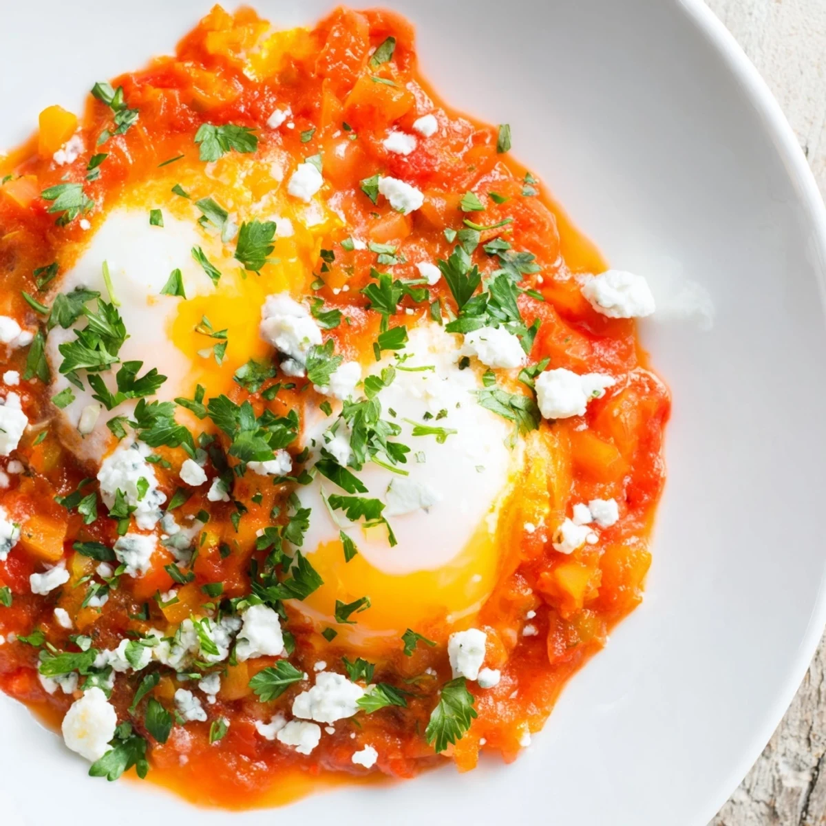Israeli Shakshuka eggs bubbling in a pan, a comforting Middle Eastern breakfast or brunch.