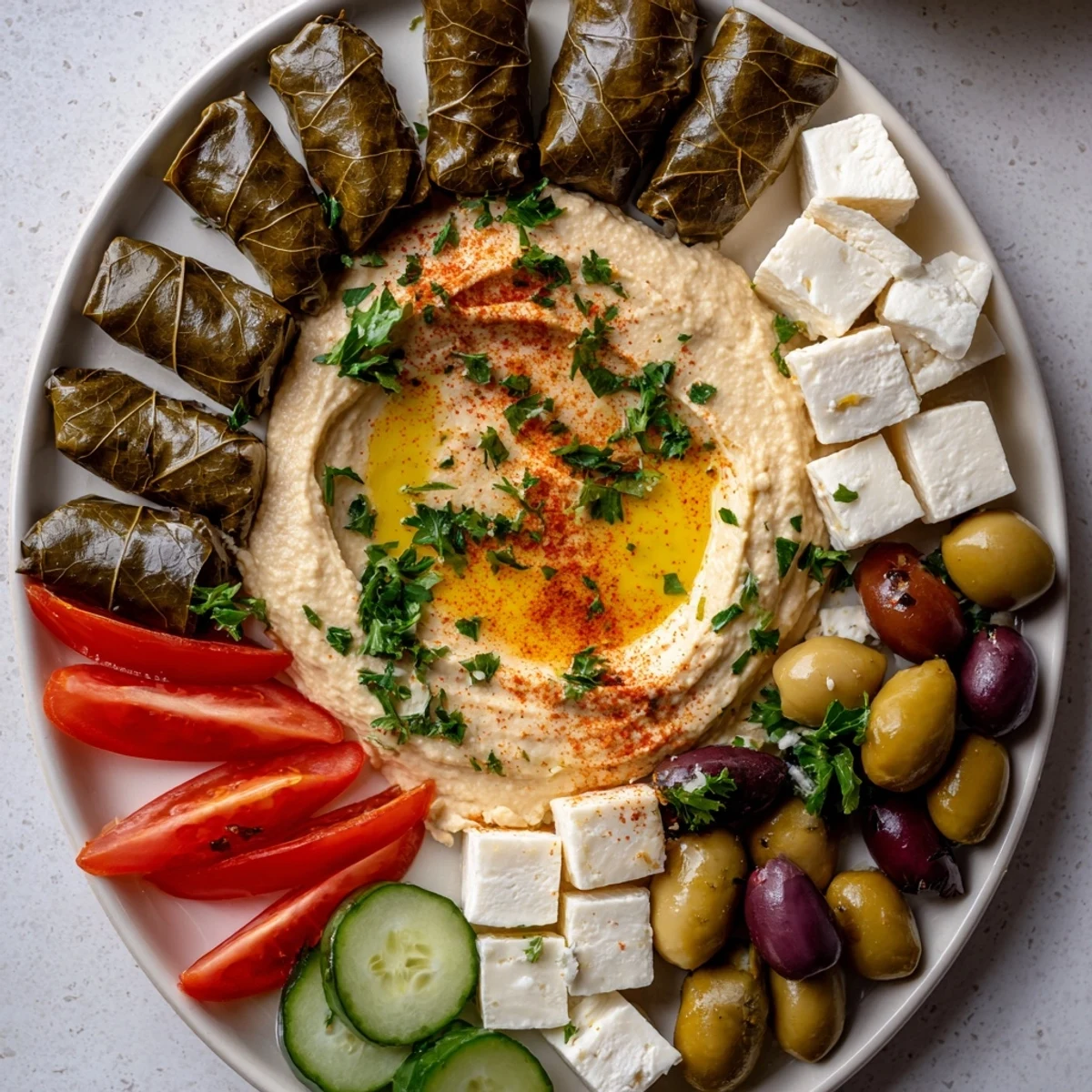 A Turkish meze platter overloaded with colorful Mediterranean treats, featuring creamy hummus and olives.