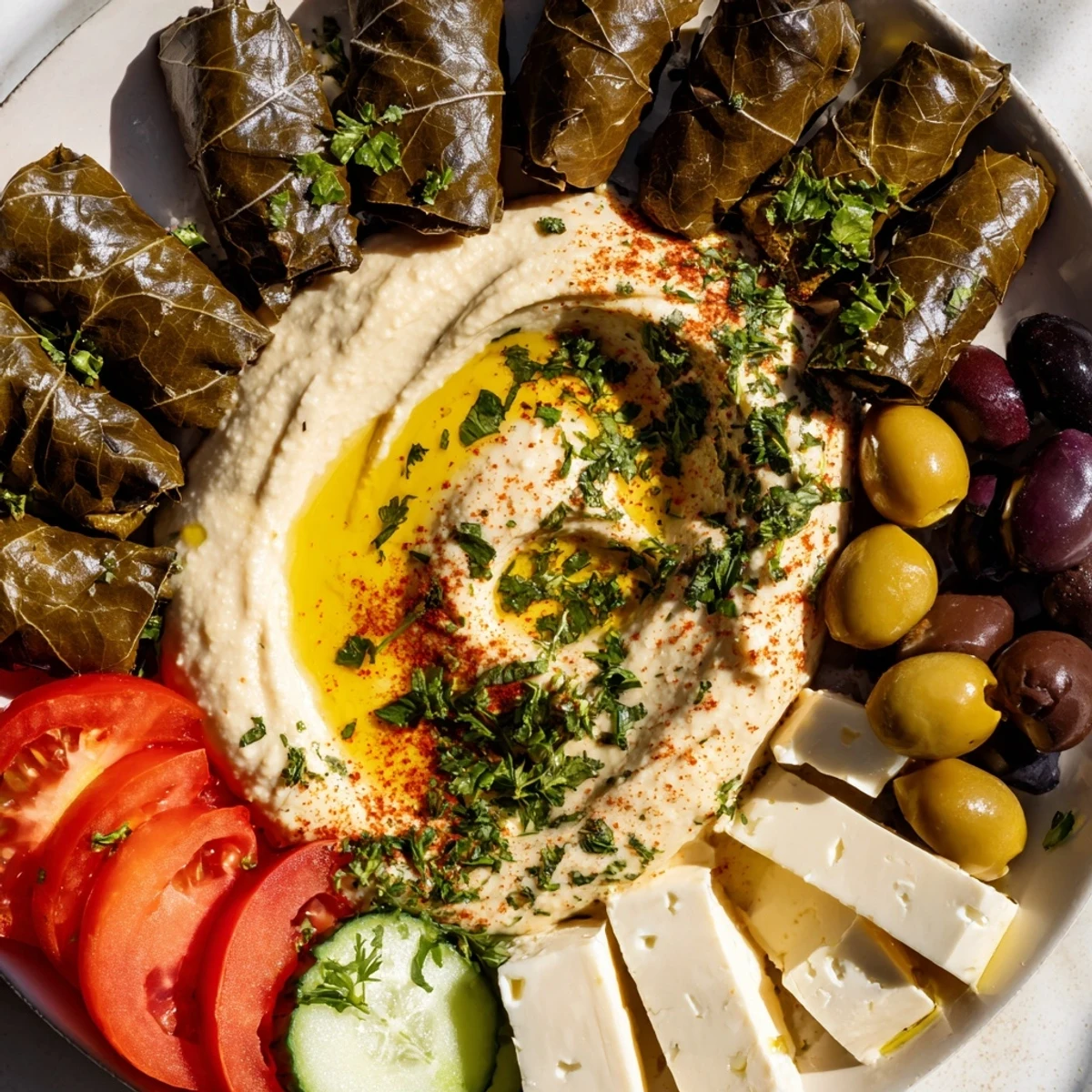 Fresh Turkish meze platter with feta cheese, dolmas, and warm pita bread, ready to share with friends.