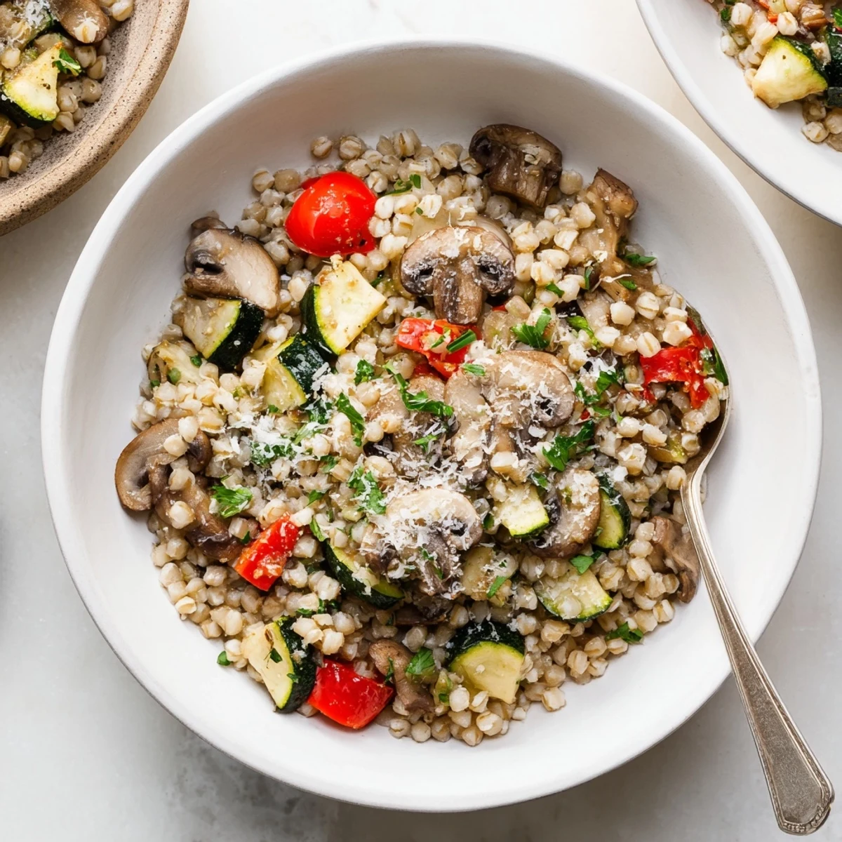 A creamy bowl of pearled barley topped with colorful roasted zucchini, red bell pepper, and cherry tomatoes.