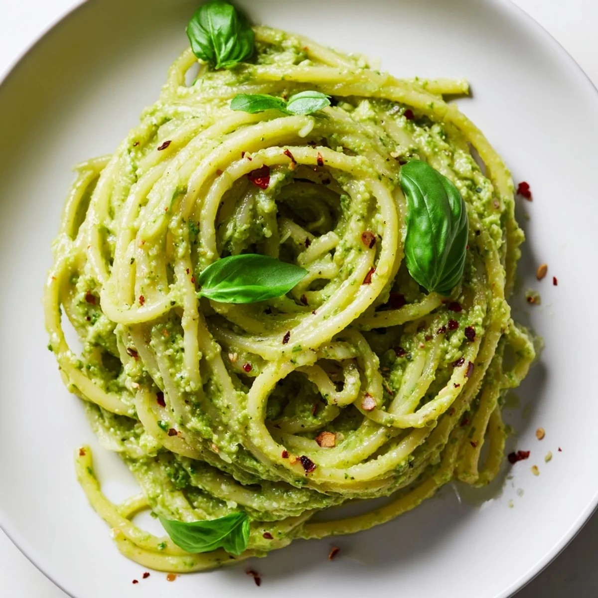 Delicious vegetarian smashed avocado pasta with bright lime and garlic, garnished with chili flakes and a wedge of fresh lime.