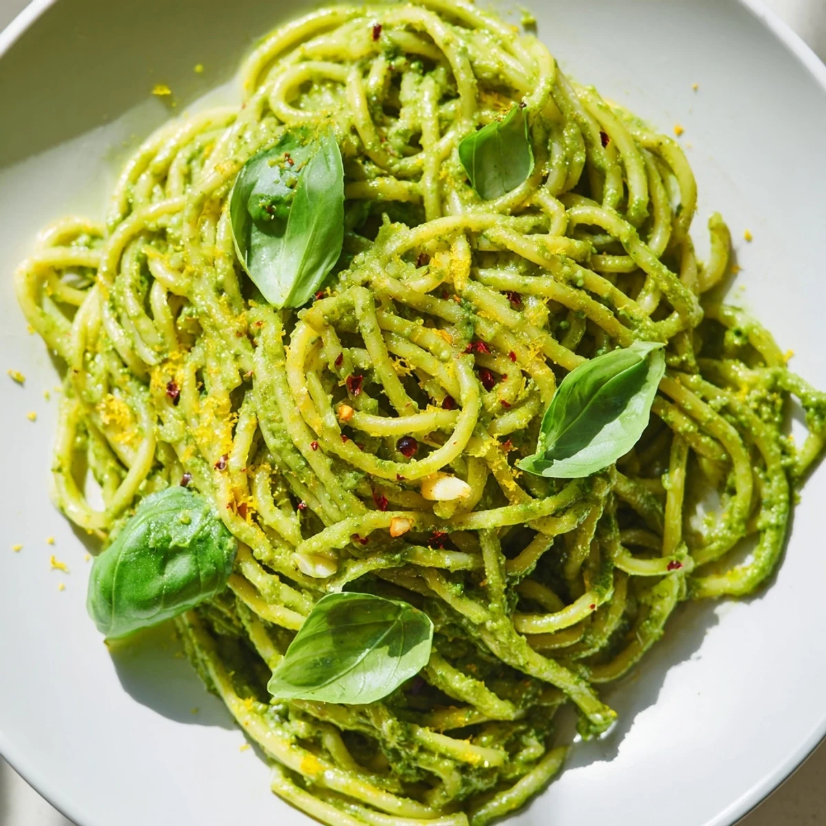 Easy smashed avocado pasta plated with a sprinkle of Parmesan and herbs, vibrant green sauce clinging to every strand.