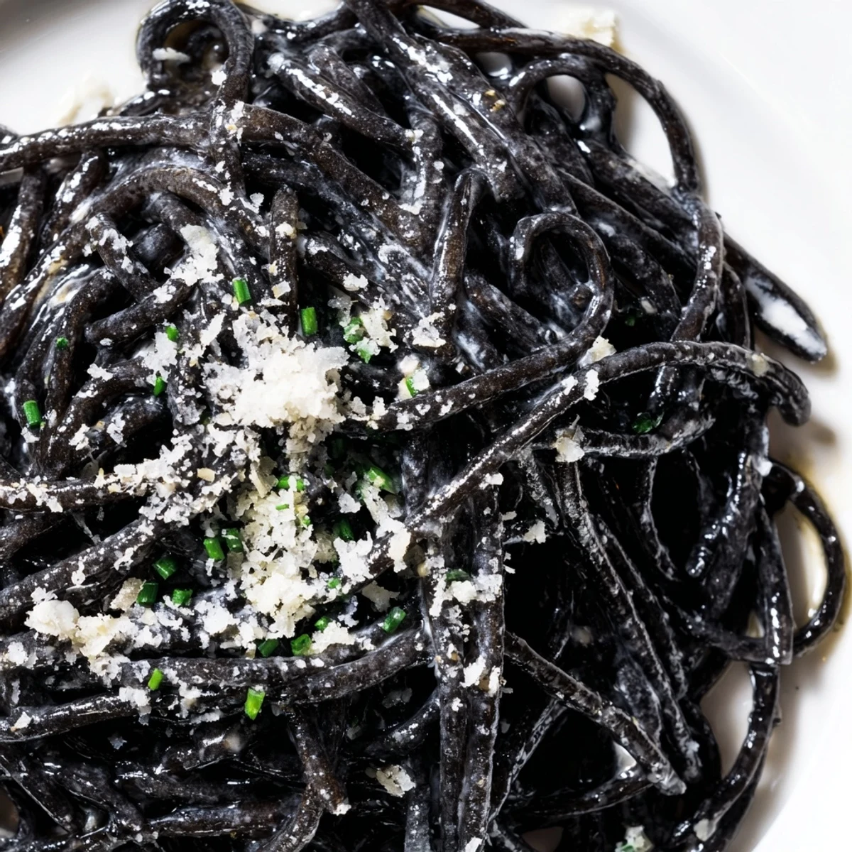 Squid Ink Pasta in a silky cream sauce is garnished with Parmesan and fresh chives for a dramatic presentation.