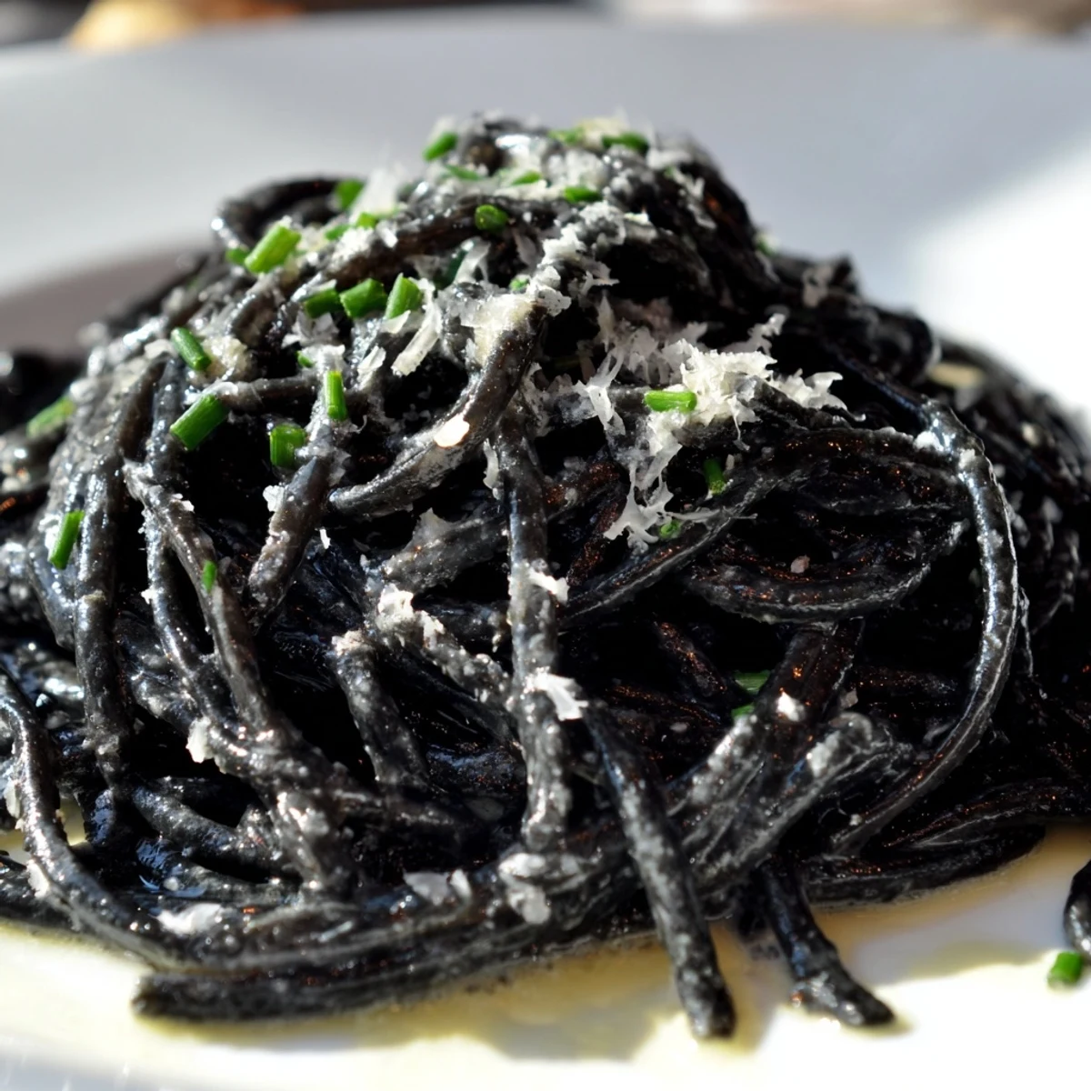 Plated Squid Ink Pasta features a velvety cream sauce with chives and cheese, served alongside a white wine.