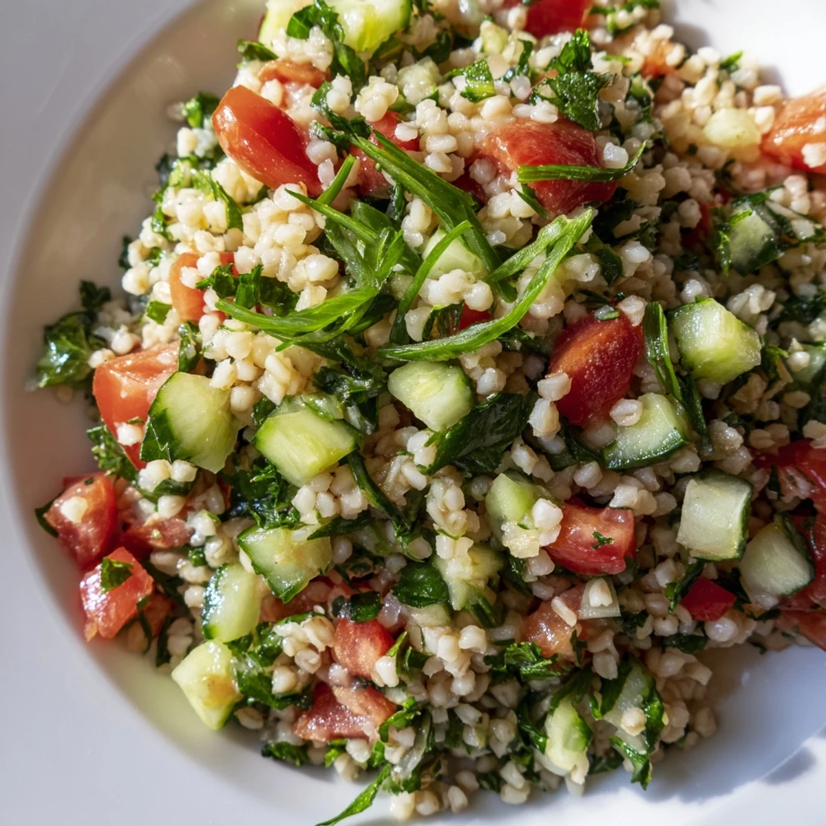 A vibrant bowl of Bulgur Wheat Salad Tabbouleh, packed with fresh parsley, diced tomatoes, and cucumber in a zesty lemon dressing.