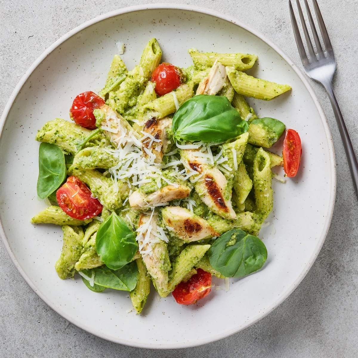 A vibrant plate of Pesto Chicken Pasta features sliced grilled chicken and al dente penne tossed in basil pesto.
