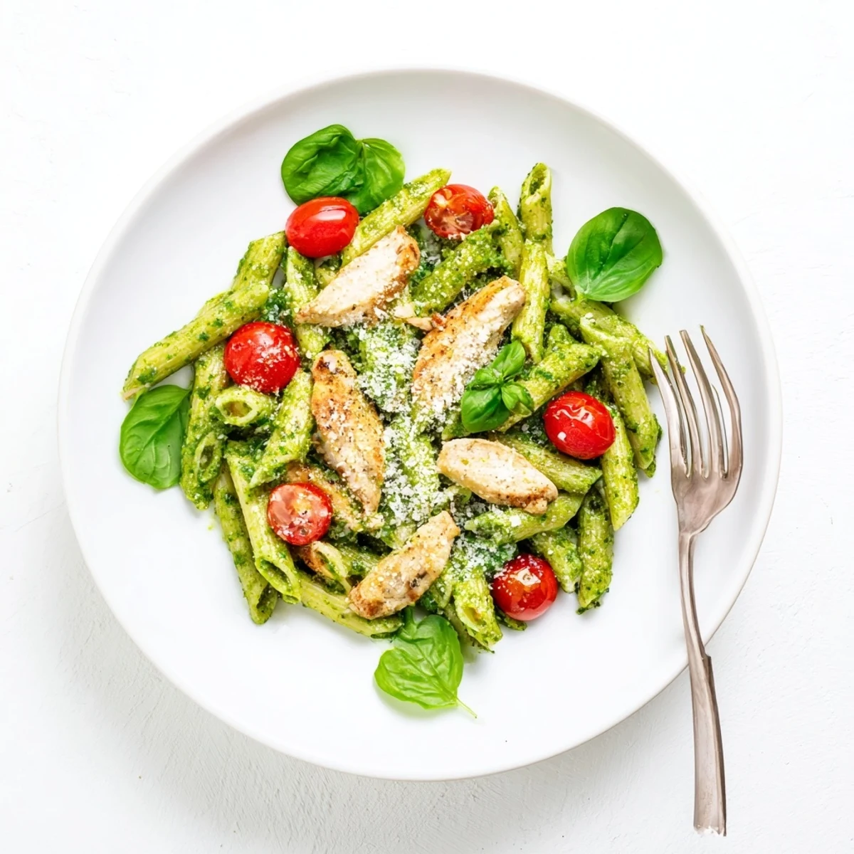 Golden grilled chicken slices and penne pasta coated in fresh basil pesto with cherry tomatoes and spinach.