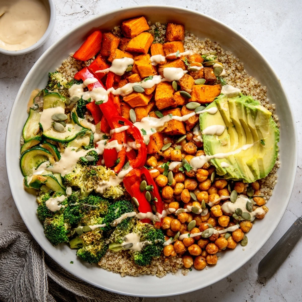 A vibrant Quinoa Buddha Bowl with roasted sweet potato, broccoli, and chickpeas, drizzled with creamy tahini dressing.