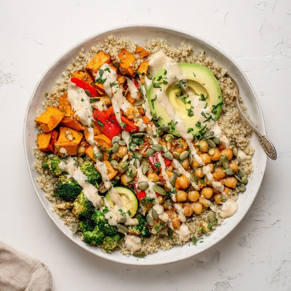 Fork-ready Quinoa Buddha Bowl features fluffy quinoa, caramelized vegetables, and avocado slices topped with crunchy pumpkin seeds.