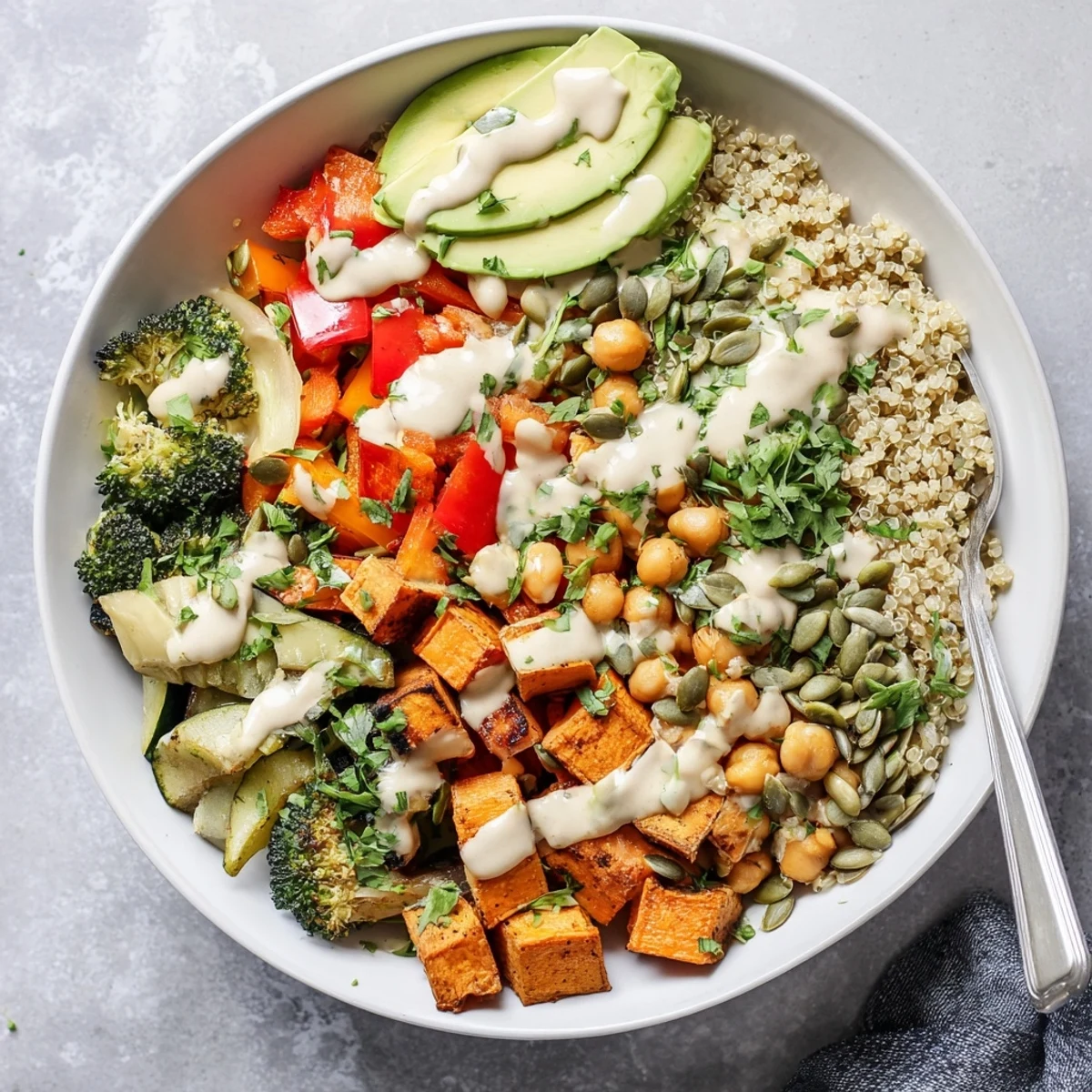 Colorful Quinoa Buddha Bowl with zesty lemon tahini dressing, fresh cilantro, and a mix of hearty roasted legumes.