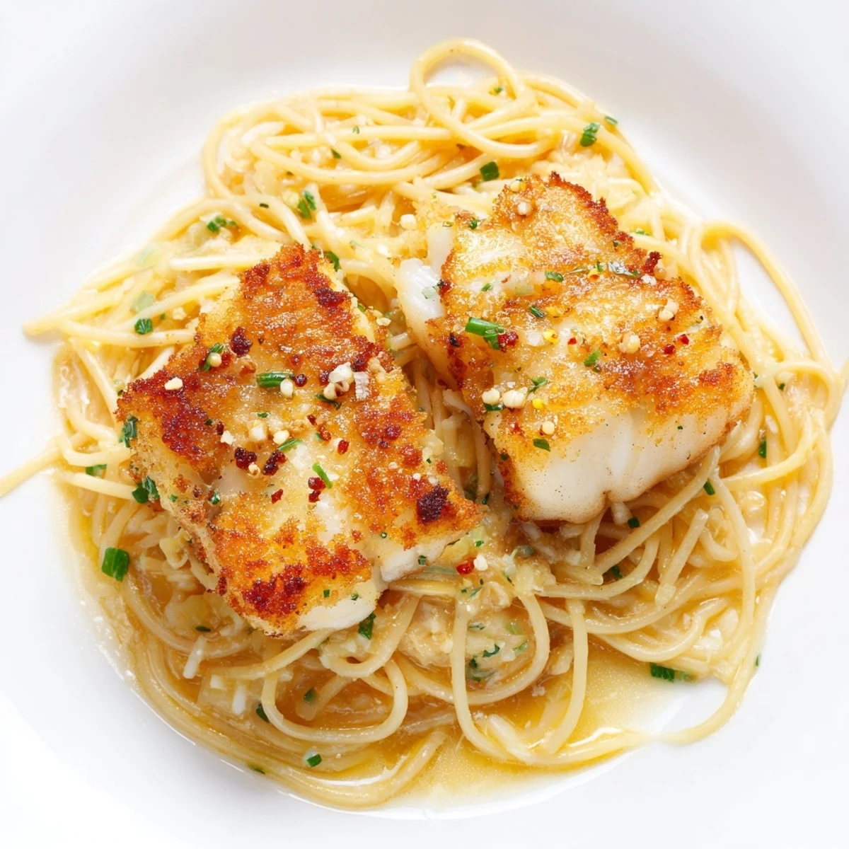 Golden, crispy fish flakes rest atop al dente spaghetti tossed with garlic butter, fresh lemon zest, and herbs for a bright Mediterranean meal.  