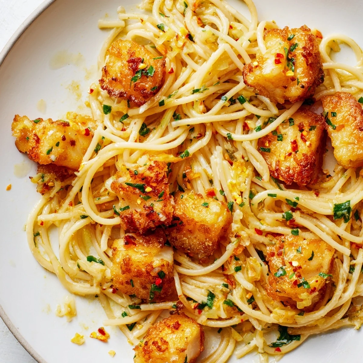 A close-up of flaky white fish and vibrant green parsley on a fork, with a warm pasta dish ready to serve.  