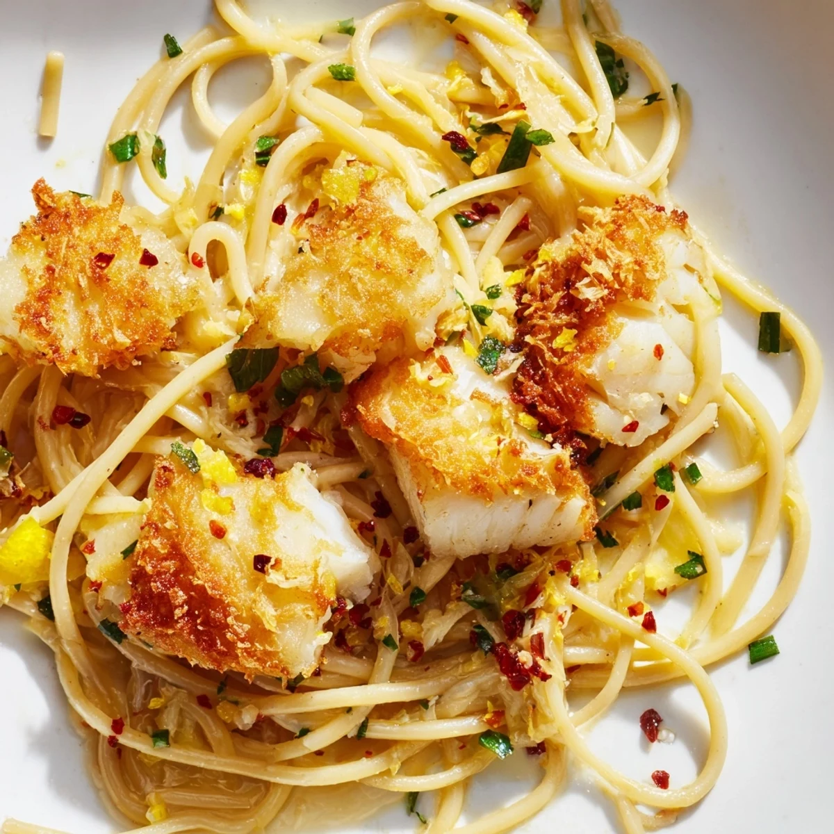Lemon wedges and chopped chives garnish this easy, pescatarian-friendly crispy fish pasta, highlighting its golden texture and aromatic flavors.