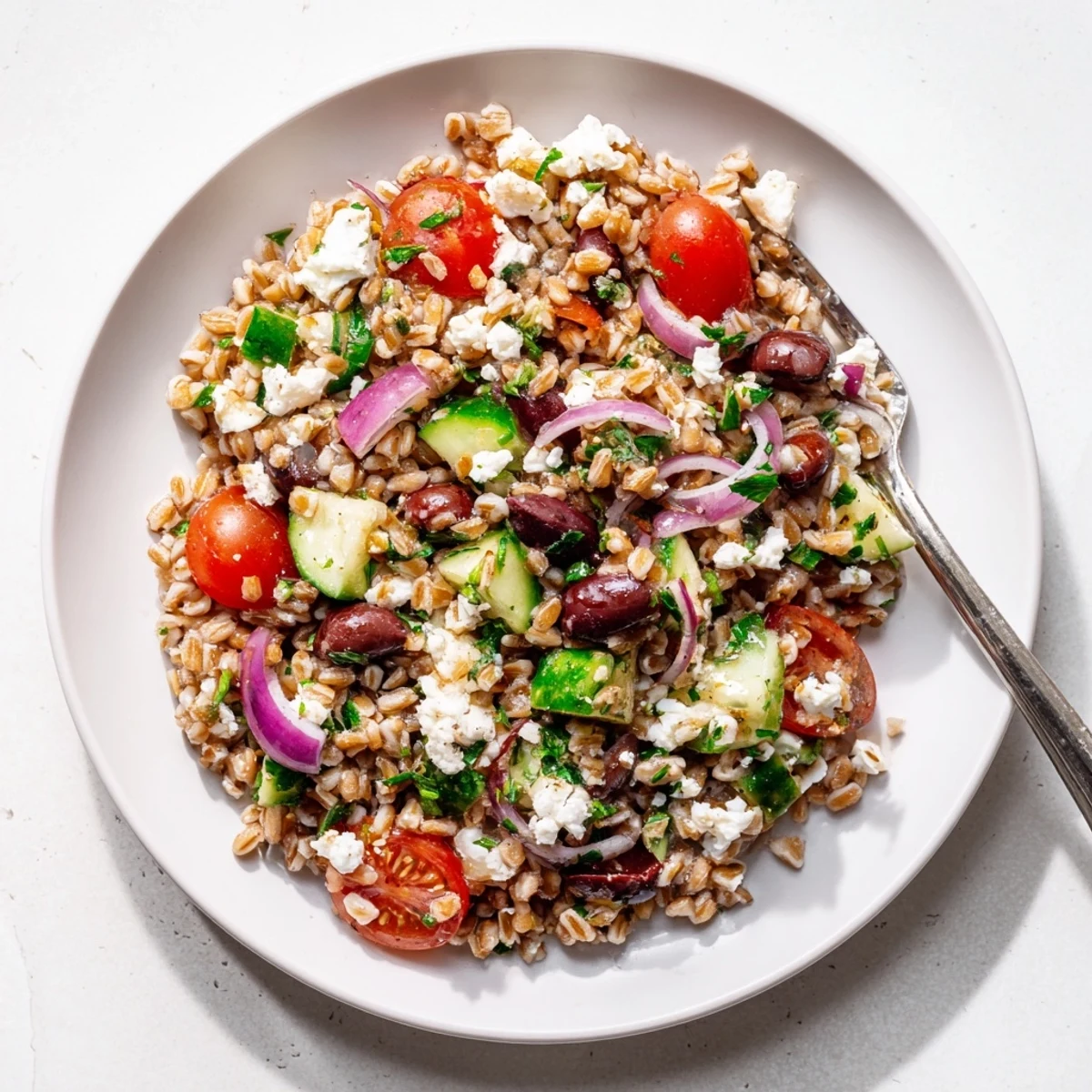Spoonful of chilled Farro Salad Mediterranean revealing juicy tomatoes, crunchy cucumbers, and tangy olives, perfect as a light vegetarian lunch or refreshing side dish.
