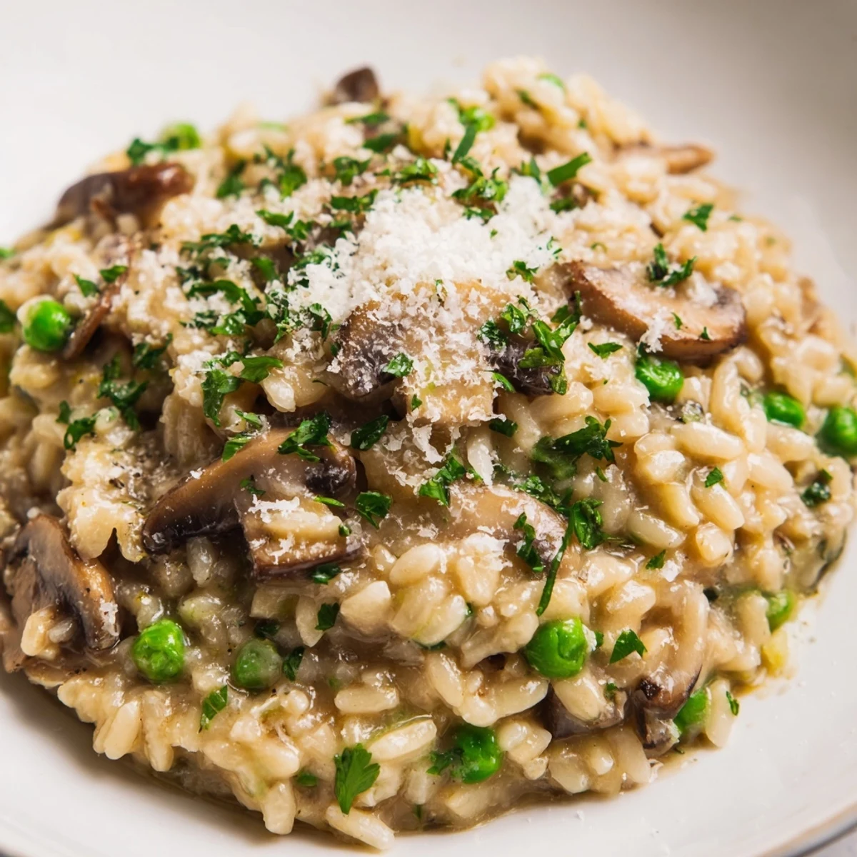 Golden creamy orzo mushroom risotto-style pasta with sautéed mushrooms and peas, garnished with fresh parsley and grated Parmesan cheese.