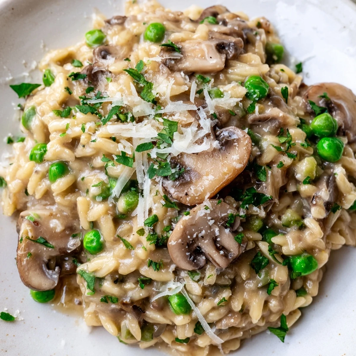 Steaming orzo mushroom risotto-style in a skillet, with golden mushrooms and fresh parsley, served as a comforting main dish.