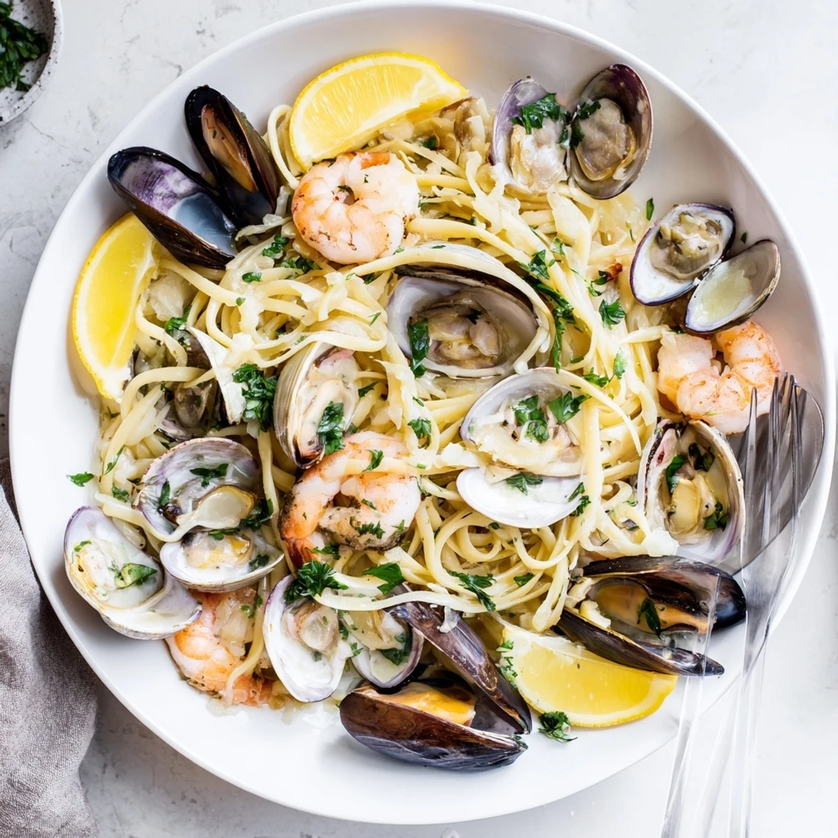 A close-up of Seafood Linguine in a white bowl, featuring plump shrimp, open clams, and mussels glistening in a white wine garlic sauce, with fresh parsley and lemon wedges.