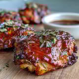 Roasted chicken thighs coated in sticky guava BBQ sauce, garnished with fresh cilantro on a rustic serving platter.