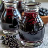 A chilled glass of homemade Blackcurrant Vodka Liqueur with a deep purple hue and fresh berries on the side.