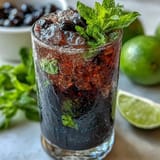 This vibrant Black Currant Mojito features fresh mint leaves, zesty lime wedges, and a splash of soda.