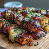 Vibrant skewers of grilled chicken and pineapple chunks, infused with smoky-sweet marinade, served hot off the grill.  