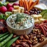 Vibrant charcuterie spread featuring radishes, snap peas, and herb dip alongside meats and cheeses for a fresh appetizer.