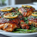 Juicy chicken and tender asparagus brightened by fresh lemon herb flavors, baked together.