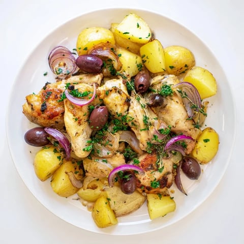 Golden roasted Greek Lemon Chicken and Potatoes with tender potatoes and juicy chicken.
