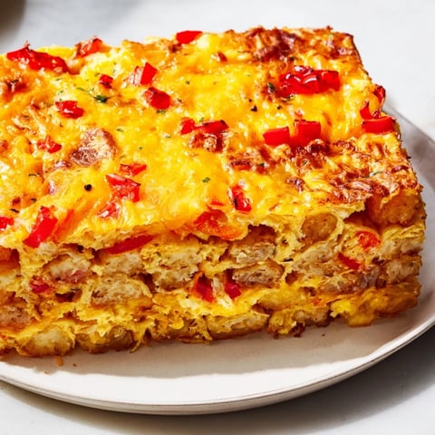 Golden, bubbly Tater Tot Frittata, perfect for a hearty brunch, showcasing crispy potato tots and cheese.