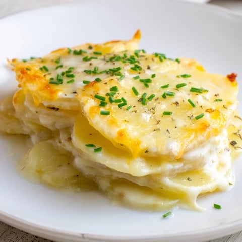 Golden, bubbly Ultra Creamy Cheesy Scalloped Potatoes with melted cheese on top, ready to serve.