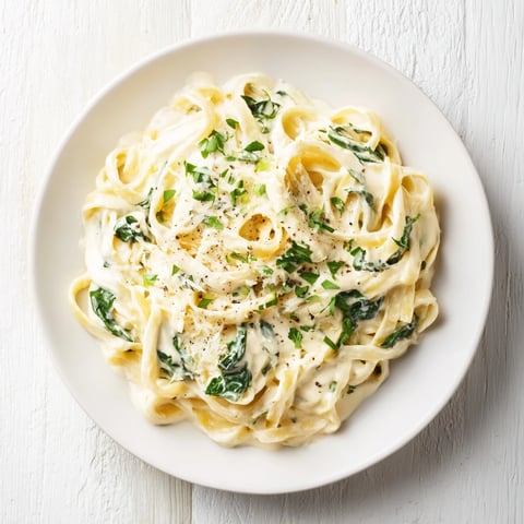 Creamy Greek Yogurt Spinach Alfredo Pasta with vibrant green spinach and grated Parmesan cheese, ready to enjoy.