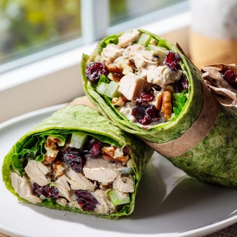 Cranberry Pecan Chicken Salad Christmas Wrap, overflowing with juicy chicken and bright cranberries, ready to eat.